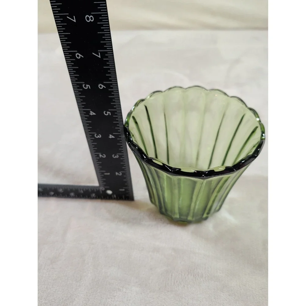 Vintage Green Ribbed Glass‎ Votive Candle Holder Scalloped Rim Emerald 3.5 Inch